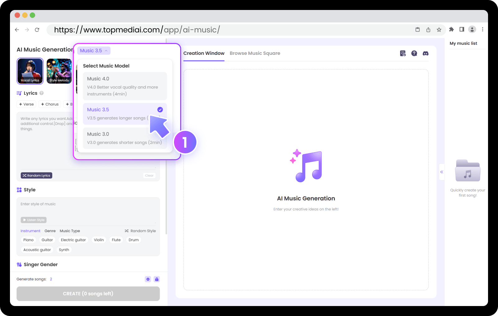 step 1 of topmediai ai music generator