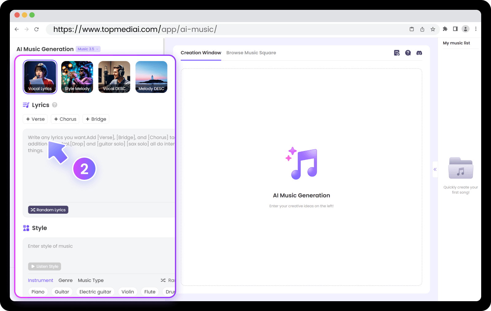 step 2 of topmediai ai music generator