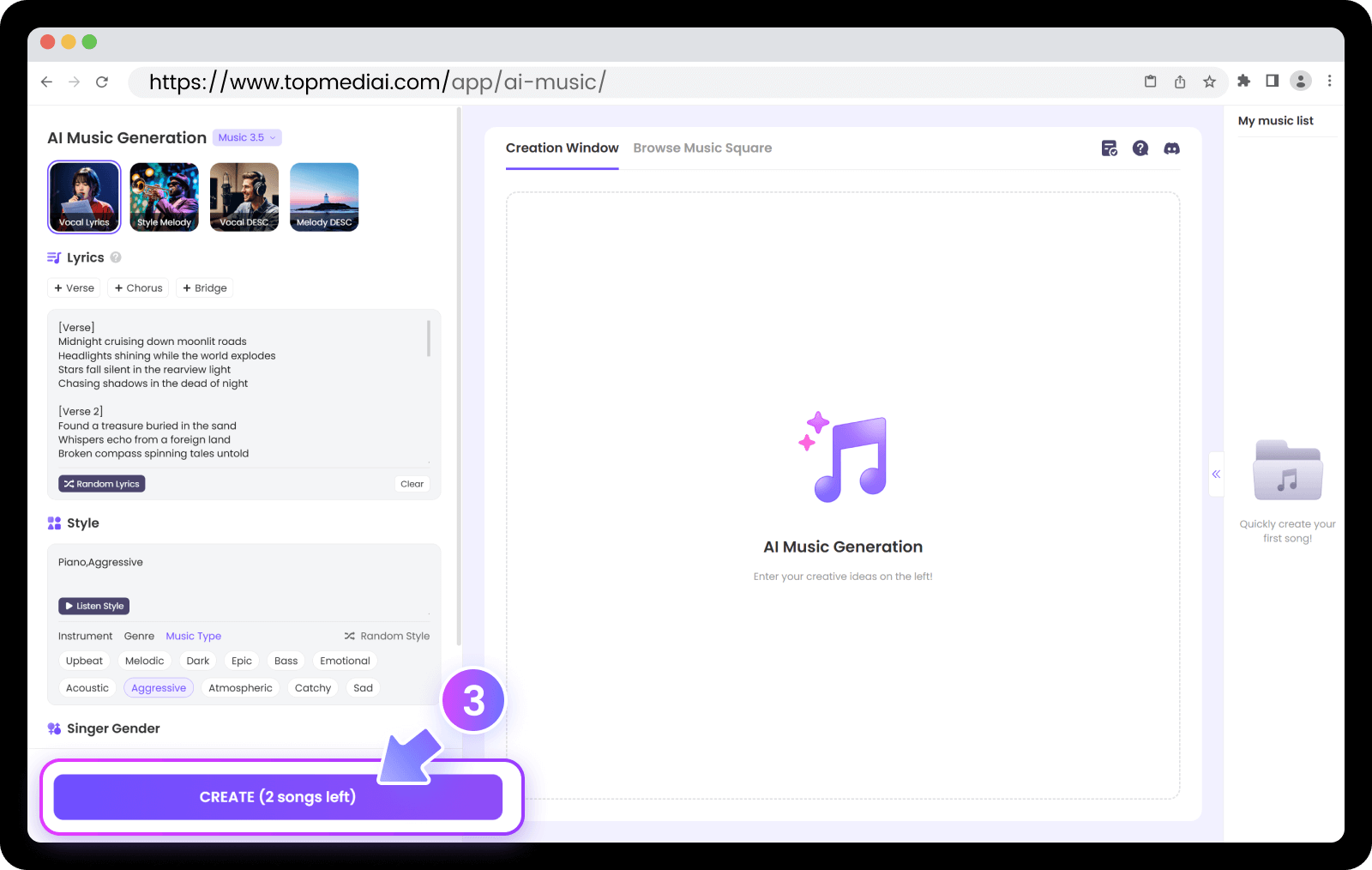 step 3 of topmediai ai music generator