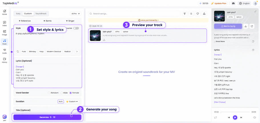 TopMediai AI Music showing the style, lyrics, Generate button, and finished track