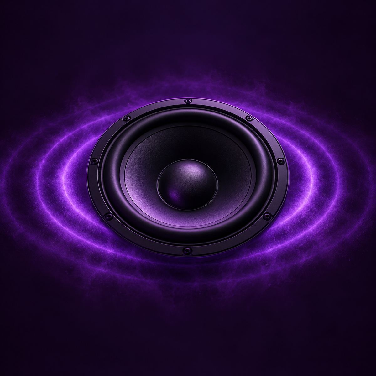 A speaker cone surrounded by violet sound waves