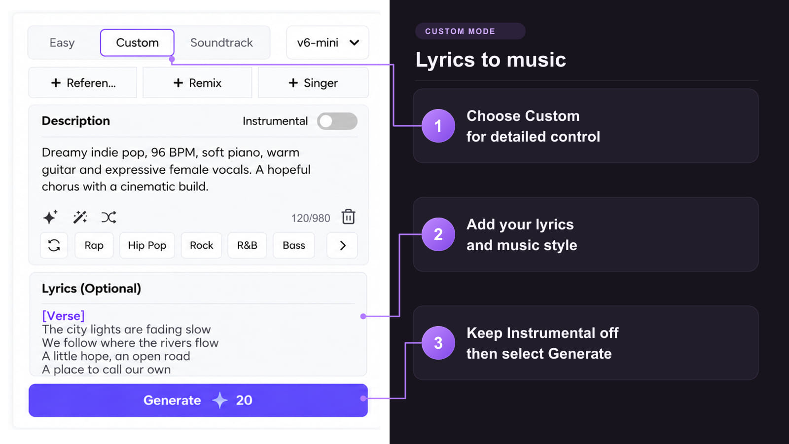 How to turn lyrics into music in Custom mode