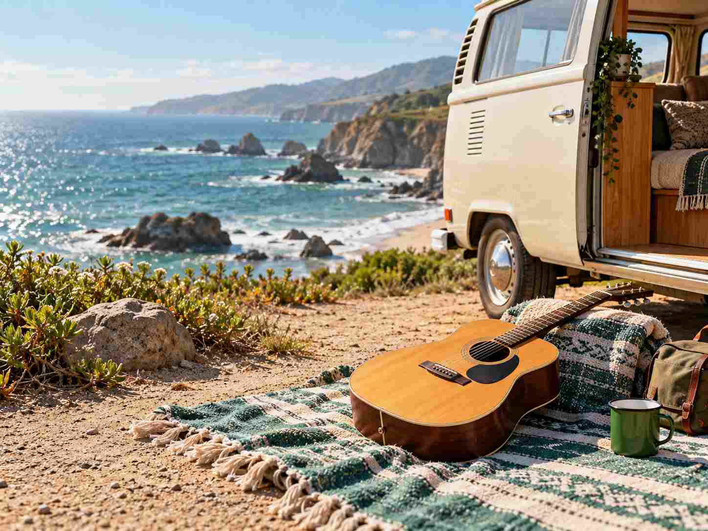 Acoustic guitar beside a camper on a coastal trip