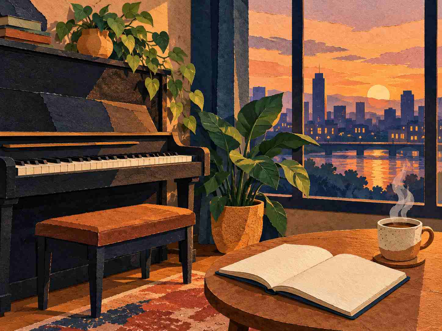 Paper collage of a piano and notebook for focused listening