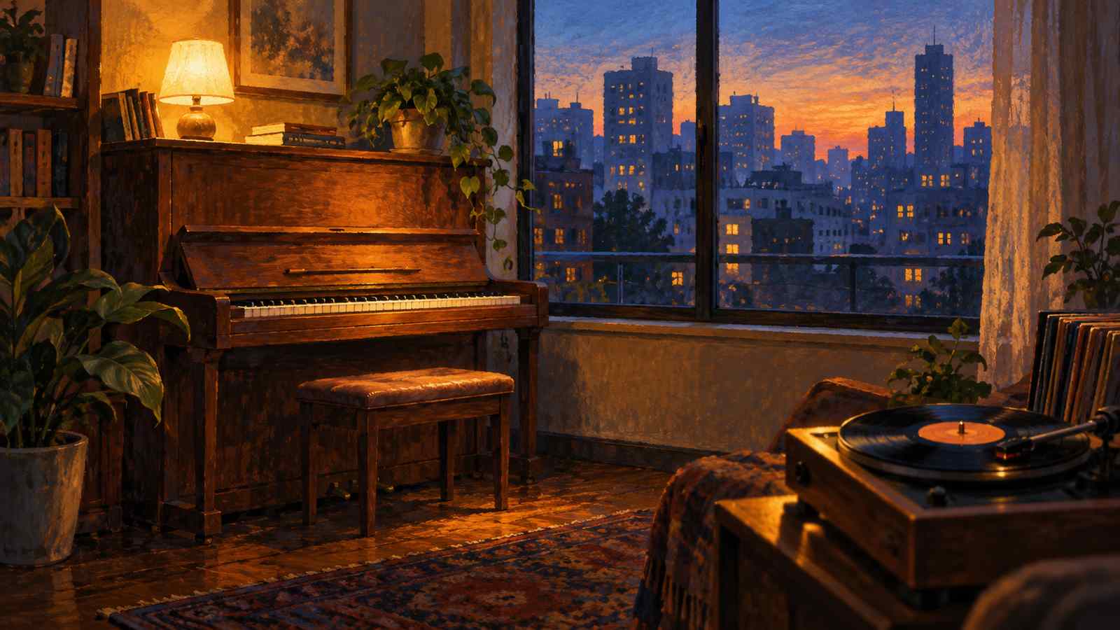 Warm piano beside a city window in a painted lo-fi scene