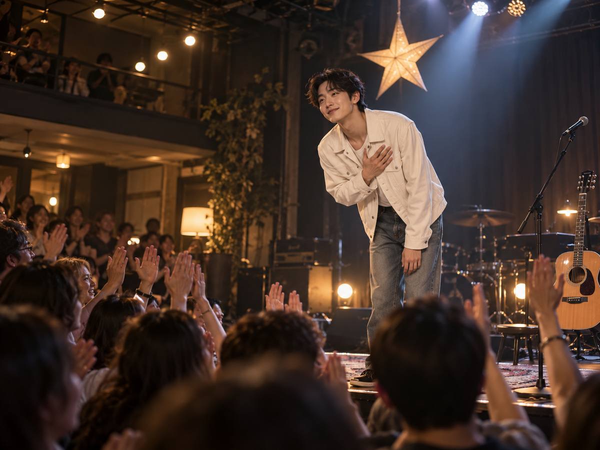 A singer thanking the audience as a small concert venue lights up