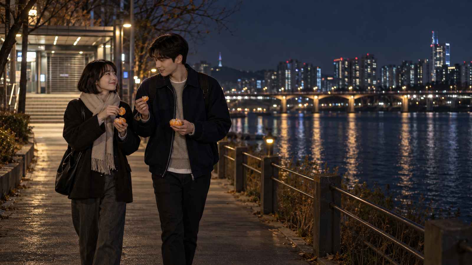 Two adults sharing tangerines on a riverside walk after their last train