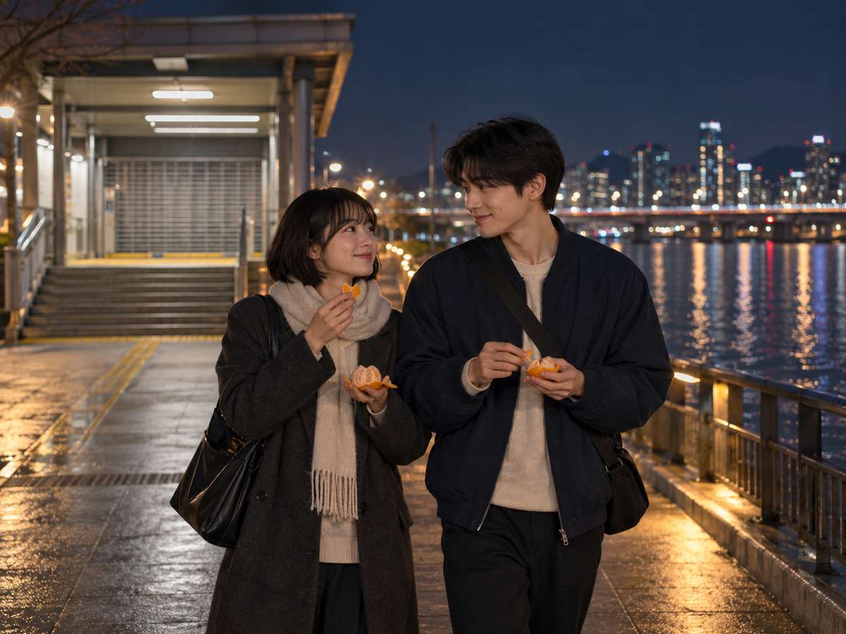 Two adults sharing tangerines on a riverside walk after their last train