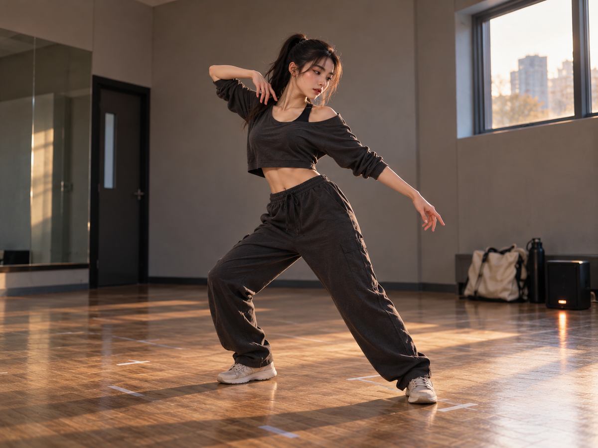A dancer practicing a confident routine in a sunlit rehearsal room