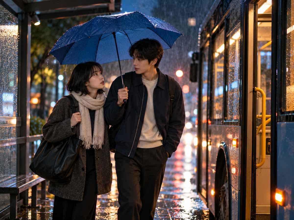 Two friends sharing a blue umbrella at a rainy bus stop