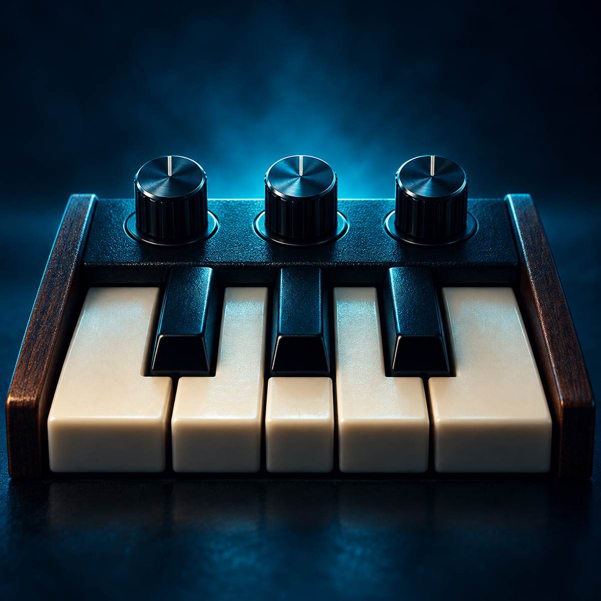 Analog synthesizer keys and three knobs in cyan light