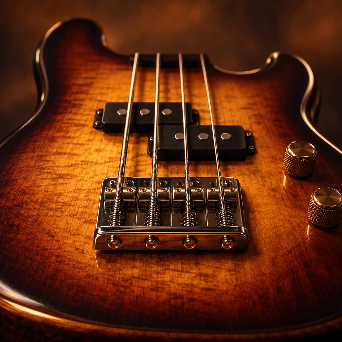 Four strings, pickups and bridge on an electric bass guitar