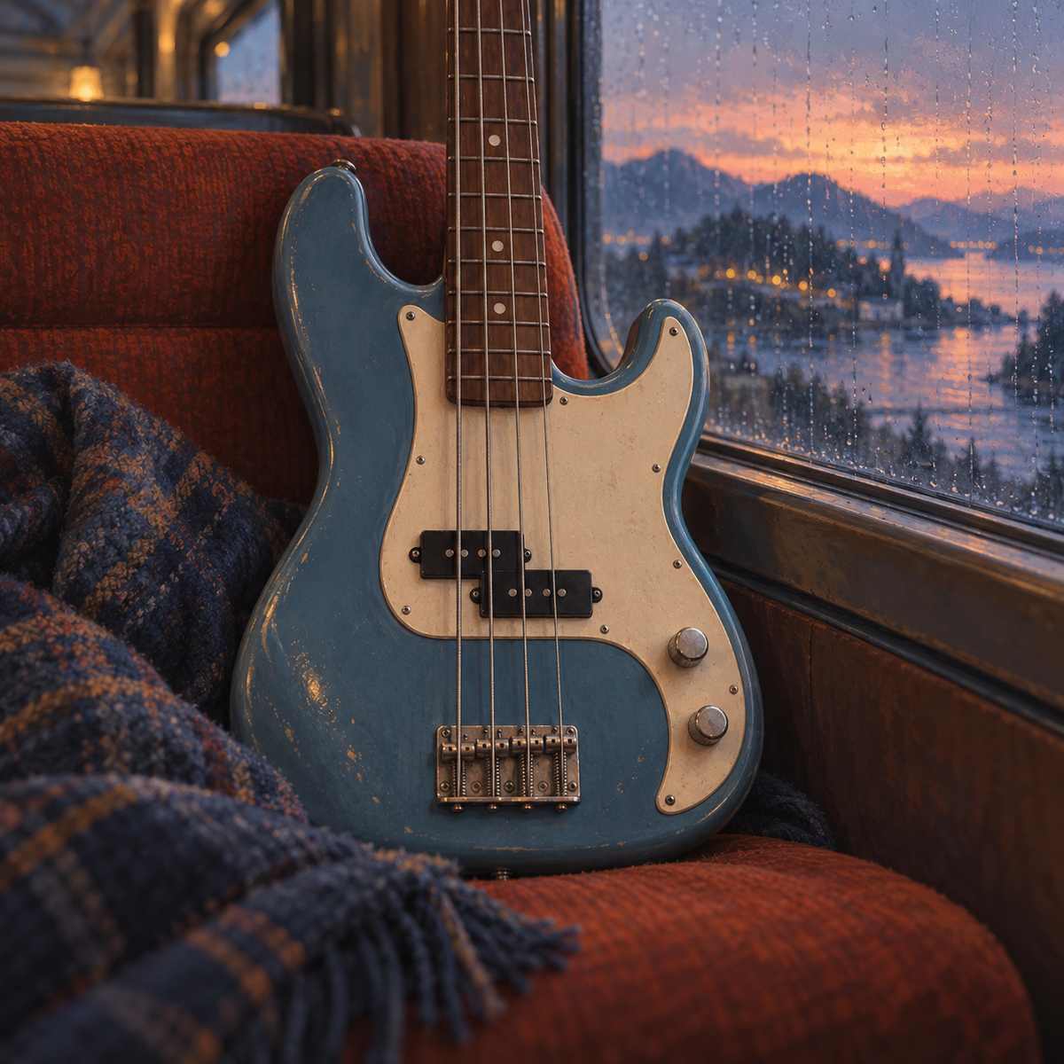 A blue electric bass beside a train window