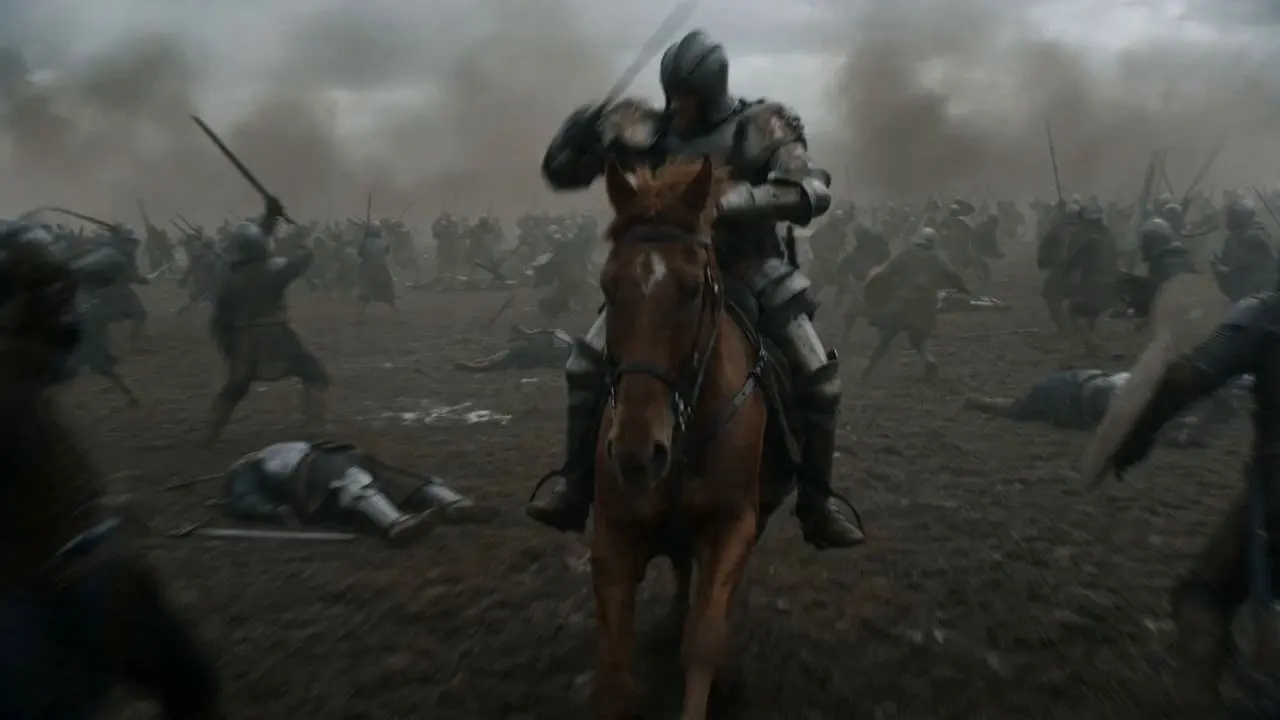 Medieval battlefield, epic cinematic style, overcast sky, dust and smoke swirling, gritty realism, dramatic lighting. A warrior in worn armor rides a powerful horse at full speed through chaos. The camera tracks tightly alongside him, dynamic and slightly shaky. Soldiers rush in from both sides trying to stop him, he fights them off with swift, controlled movements without slowing down. Suddenly, arrows begin raining through the air from multiple directions, whizzing past him in close proximity, narrowly missing as they strike the ground and shields around him. The horse charges forward relentlessly as he pushes through the battlefield. The camera maintains a fast tracking shot, emphasizing speed, danger, and precision, cinematic realism, high-detail textures, blockbuster war film tone.