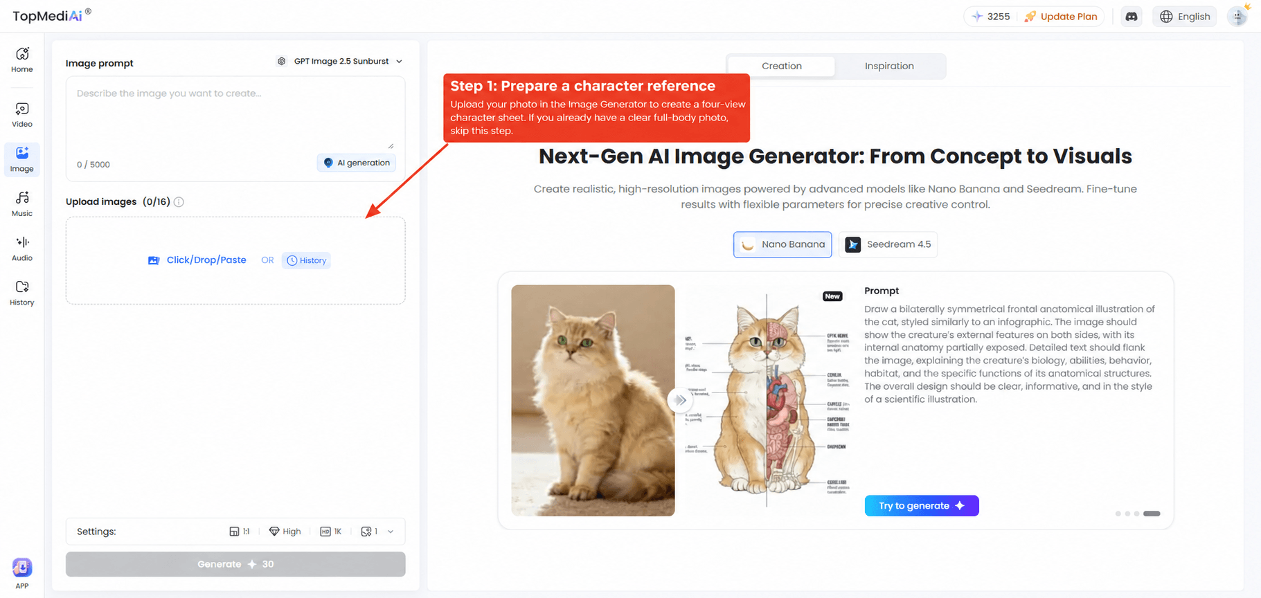 Paso 1: preparación de una hoja de personaje en el generador de imágenes de TopMediai