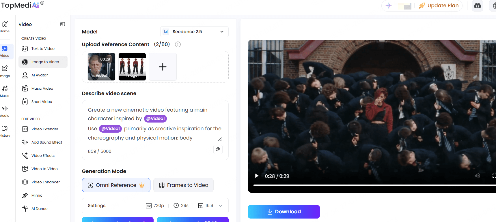 Paso 2: personaje y clip de movimiento cargados en Seedance 2.5 con Omni Reference, 16:9 y audio desactivado