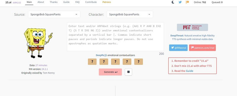 15.ai spongebob text to speech