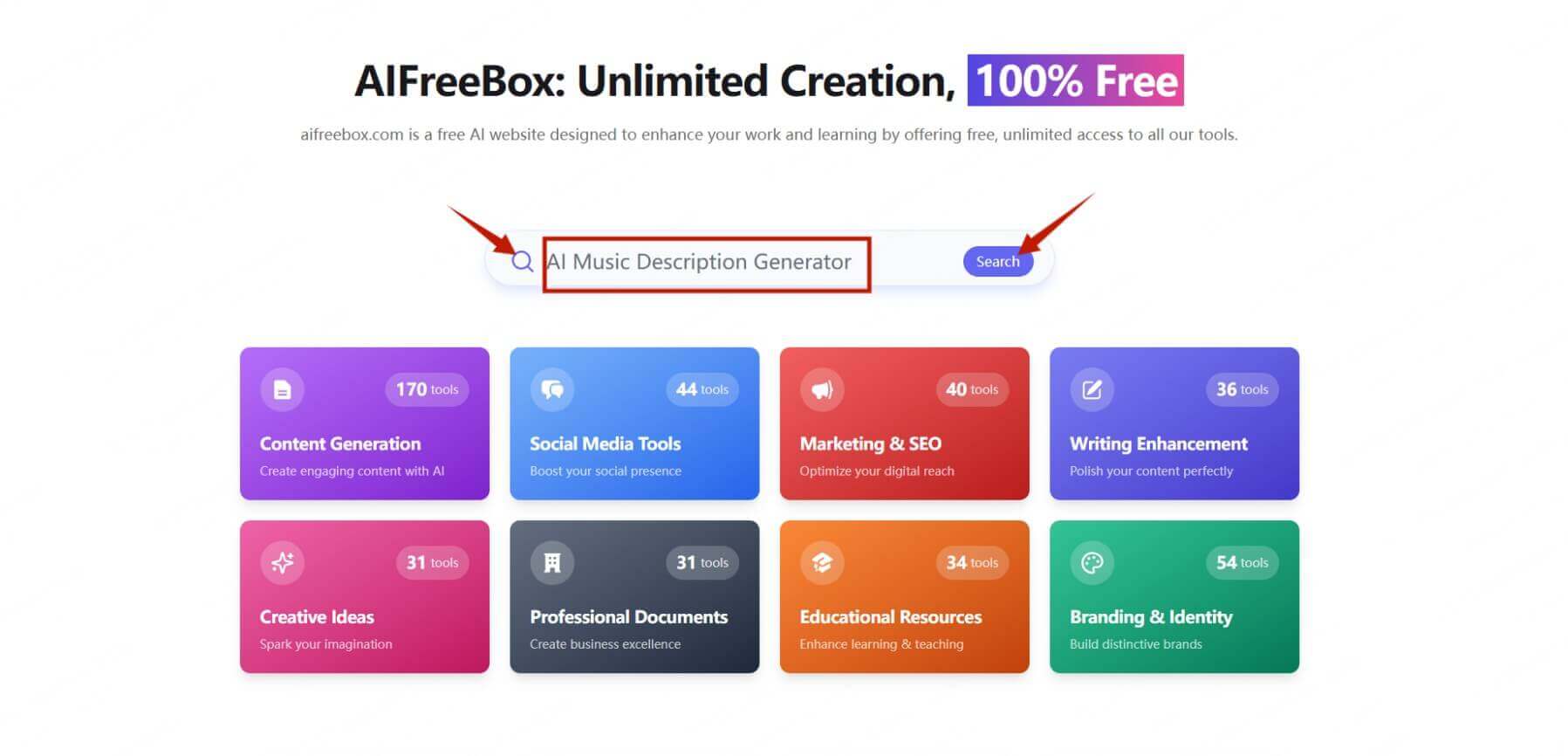 aifreebox music description generator step 1 search