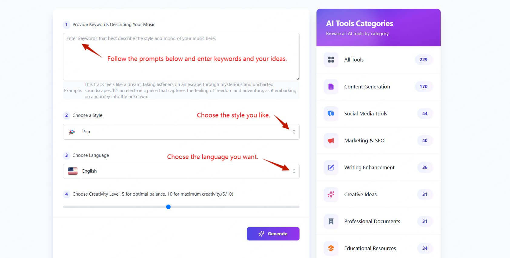 aifreebox music description generator step 2 creating