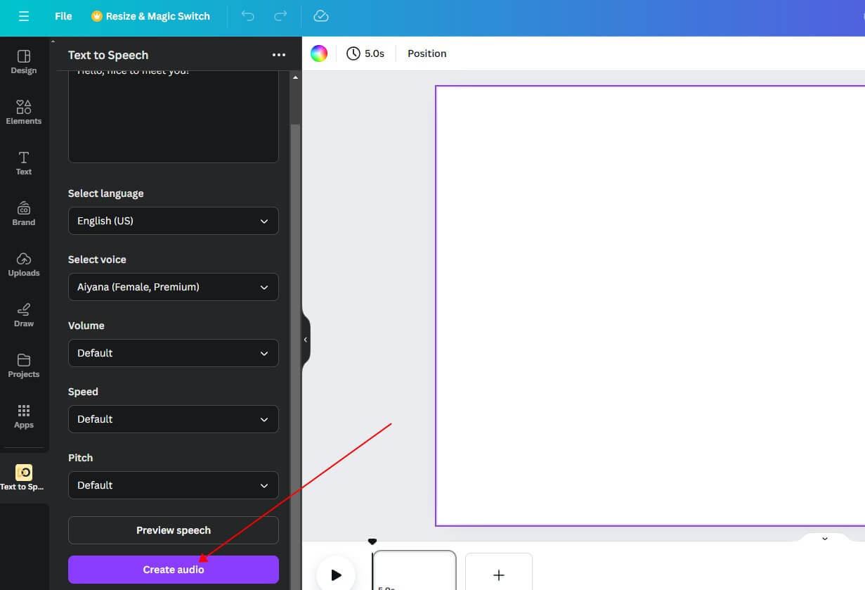 how to use canva text to speech step3