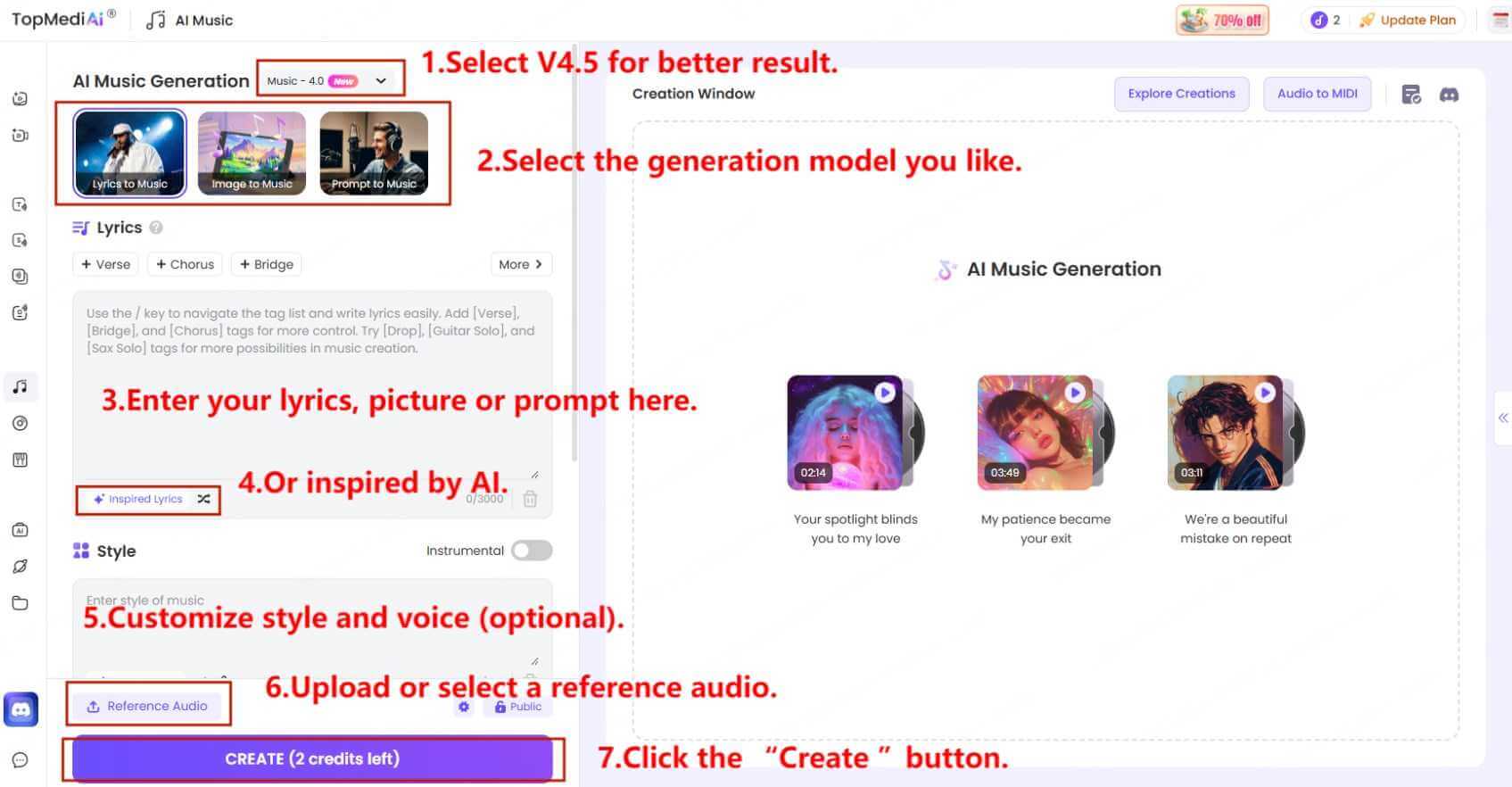 create song in topmediai ai music generator