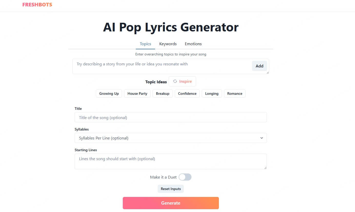 freshbots pop lyrics generator