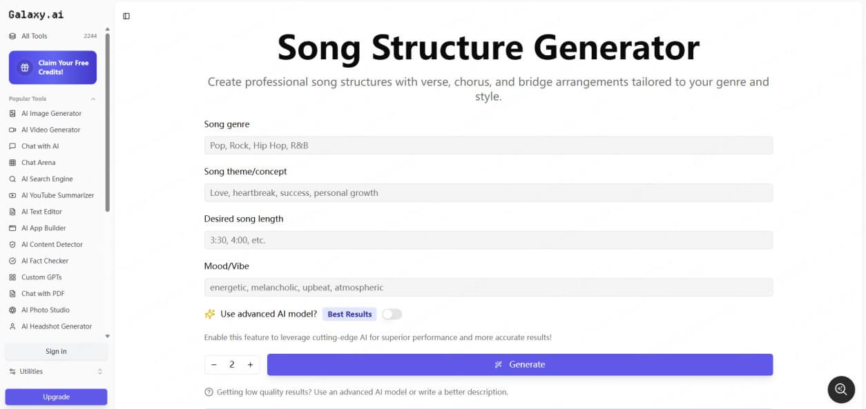 galaxy ai song structure generator