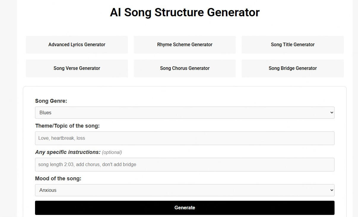 generateLyrics io ai song structure generator