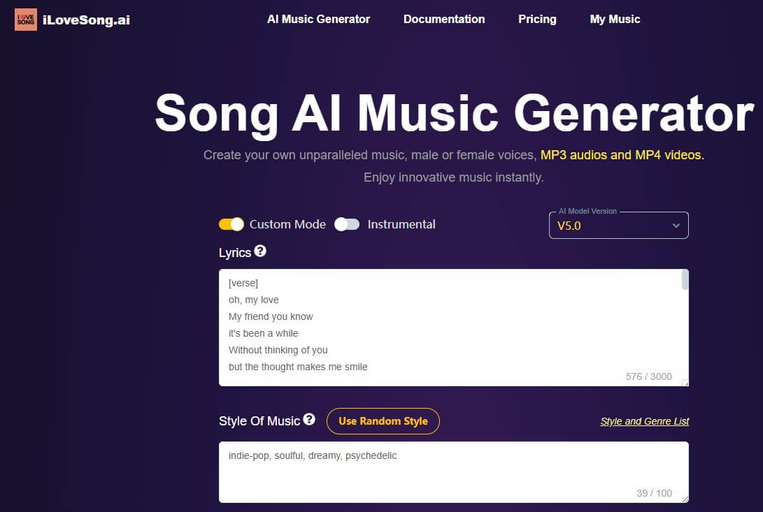 i lovesong song generator generator