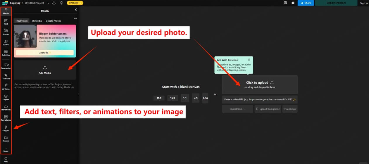 kapwing add audio to image steps