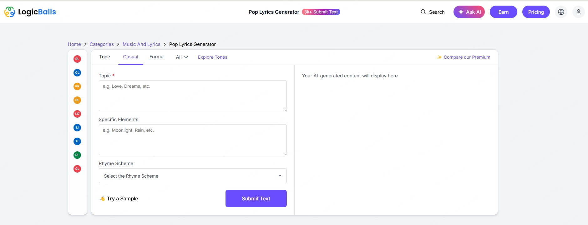 logicballs ai pop lyrics generator