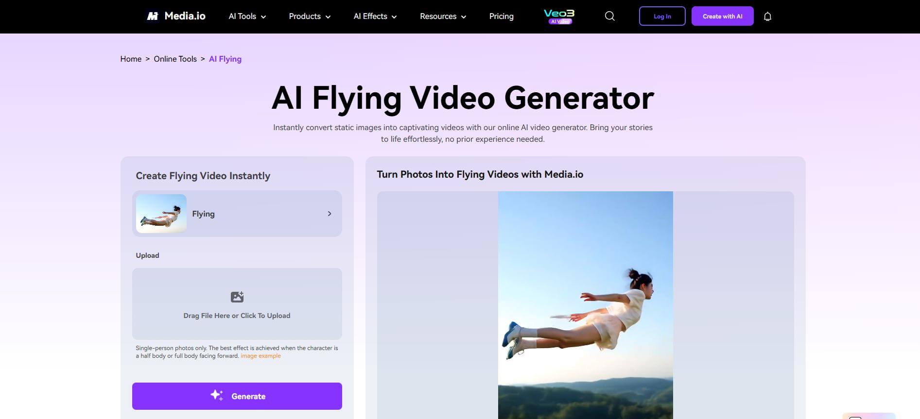 media.io ai flying video generator