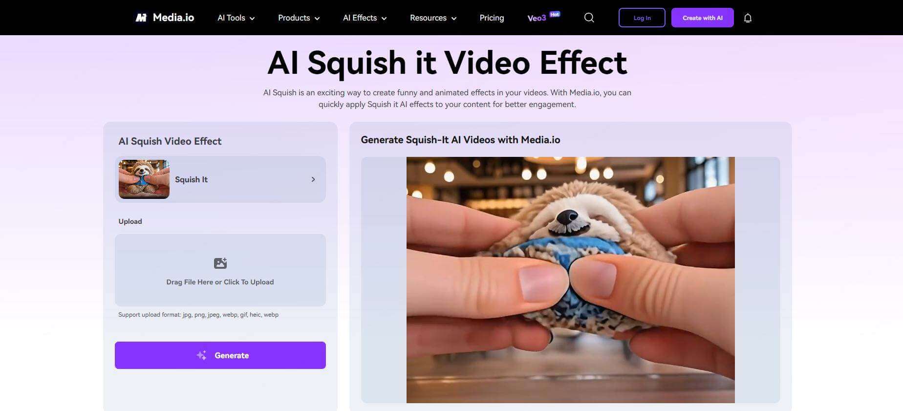 media.io ai squish it video effect