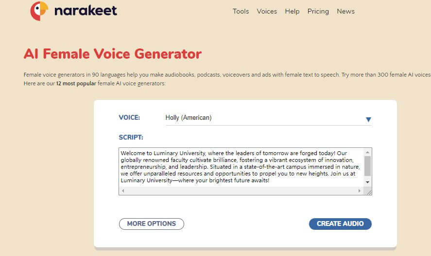 narakeet female voice generator