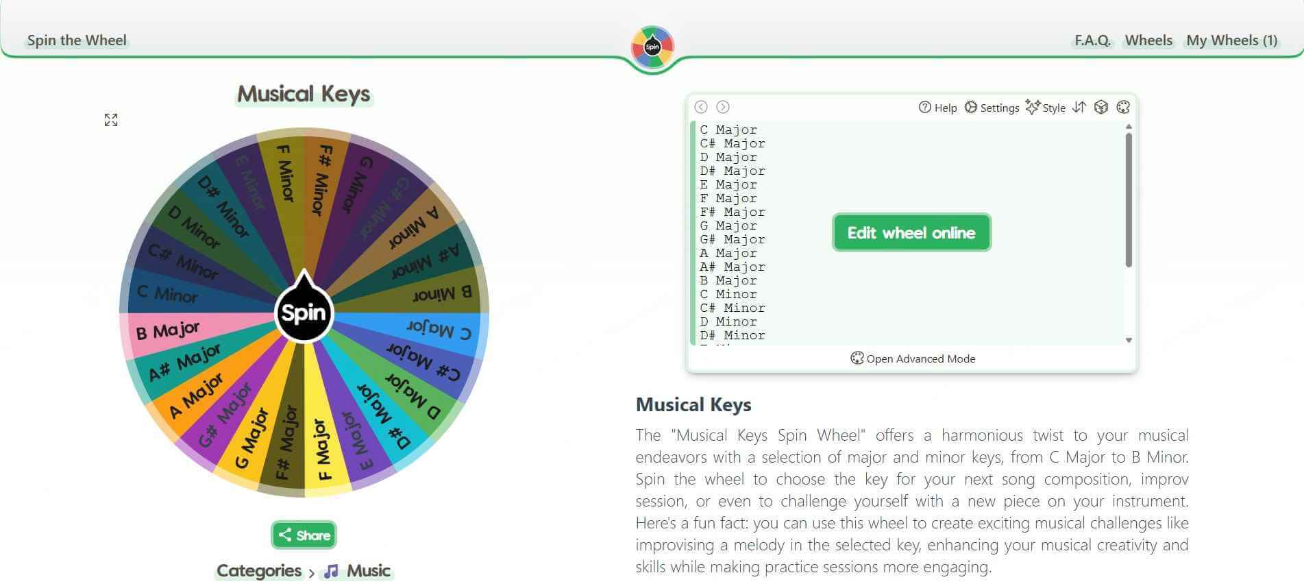 spin the wheel random music key generator
