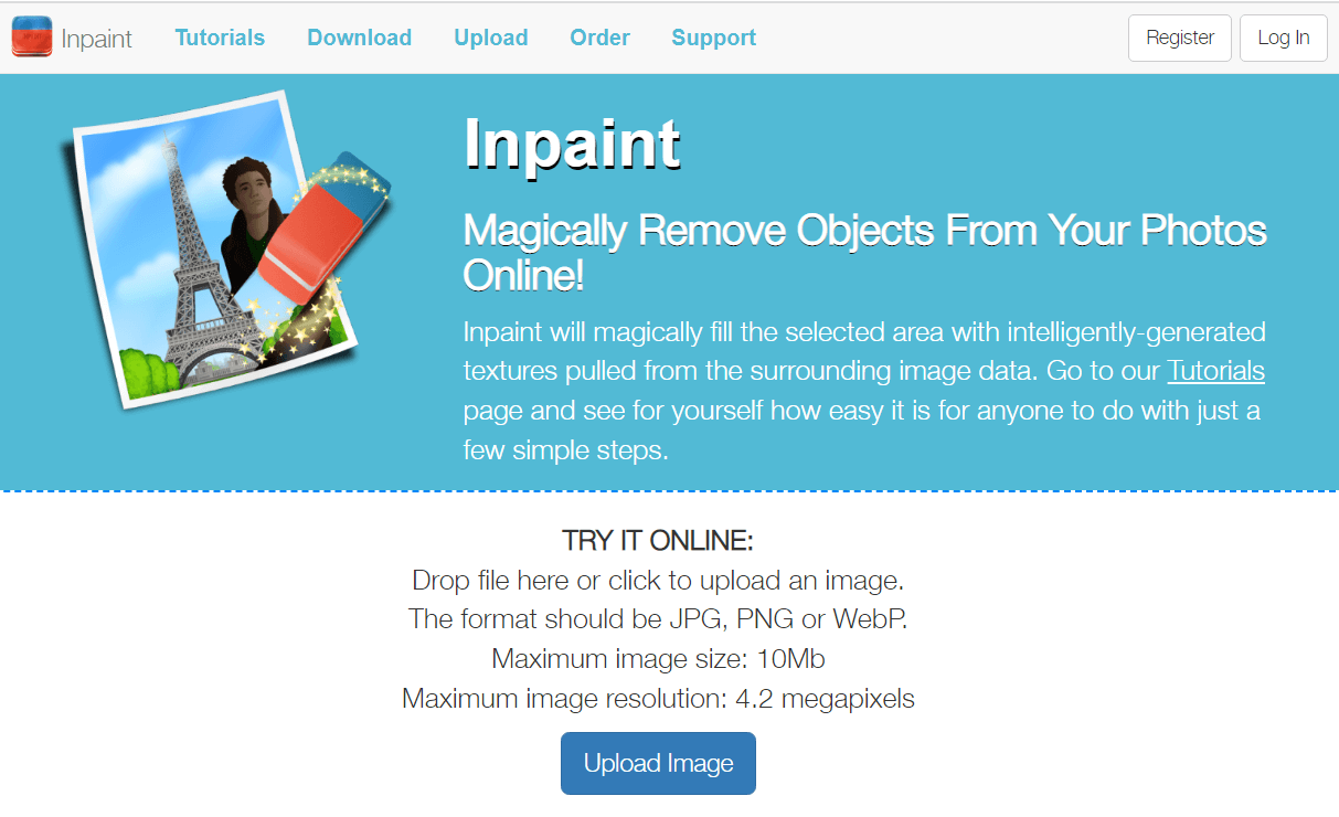 the inpaint website upload