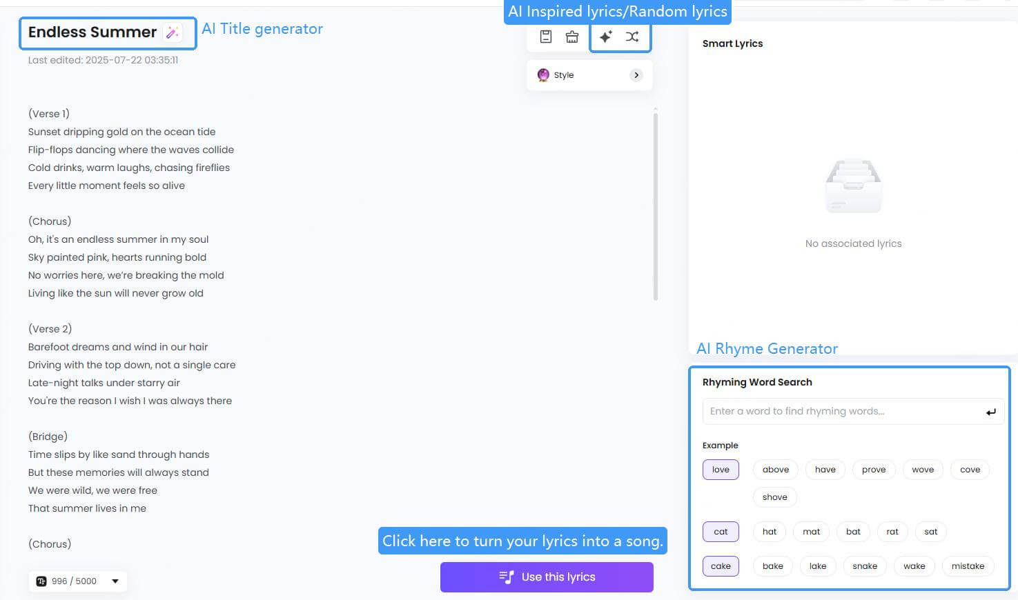 topmediai ai lyrics generator interface