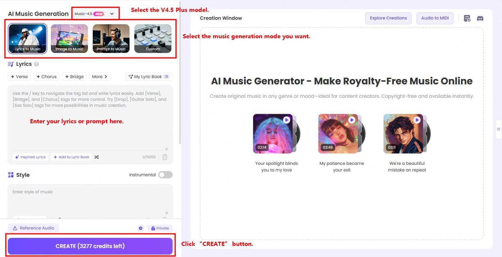 topmediai ai music generator v4.5plus-steps