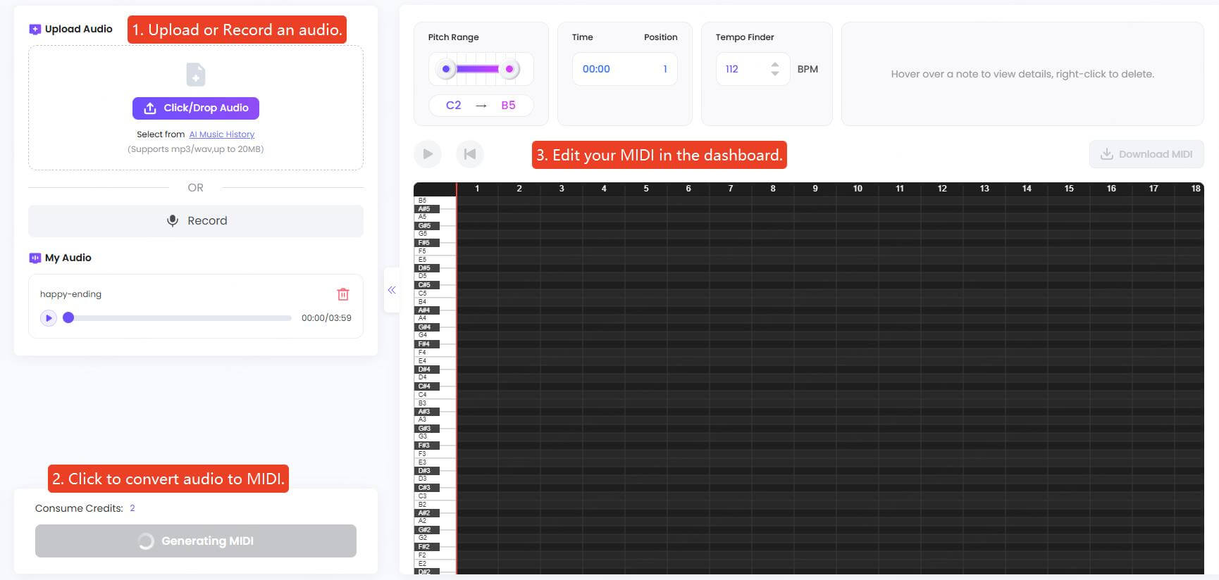 topmediai audio to midi steps guide