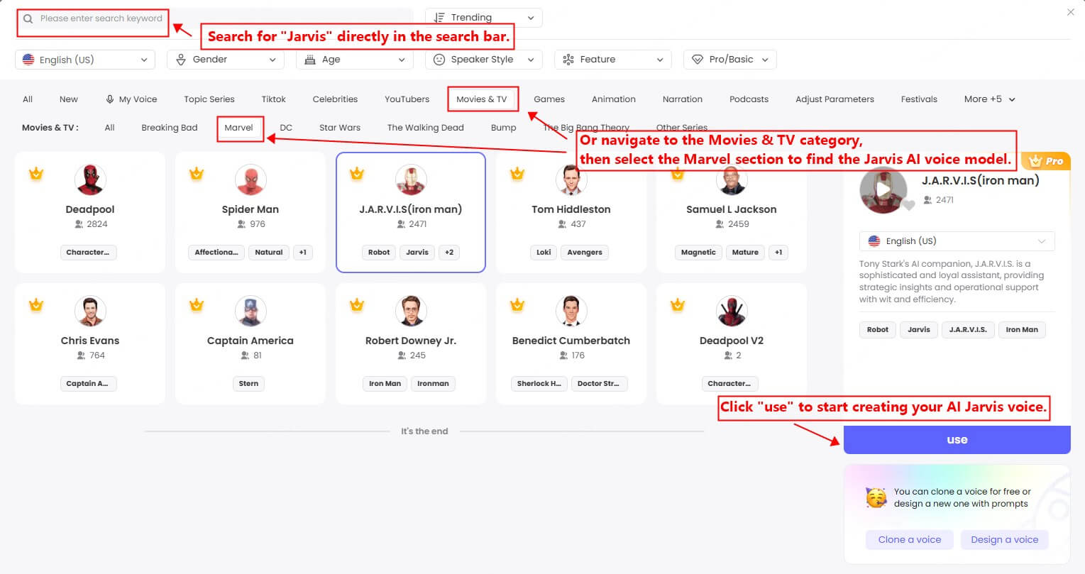 topmediai jarvis ai voice selection