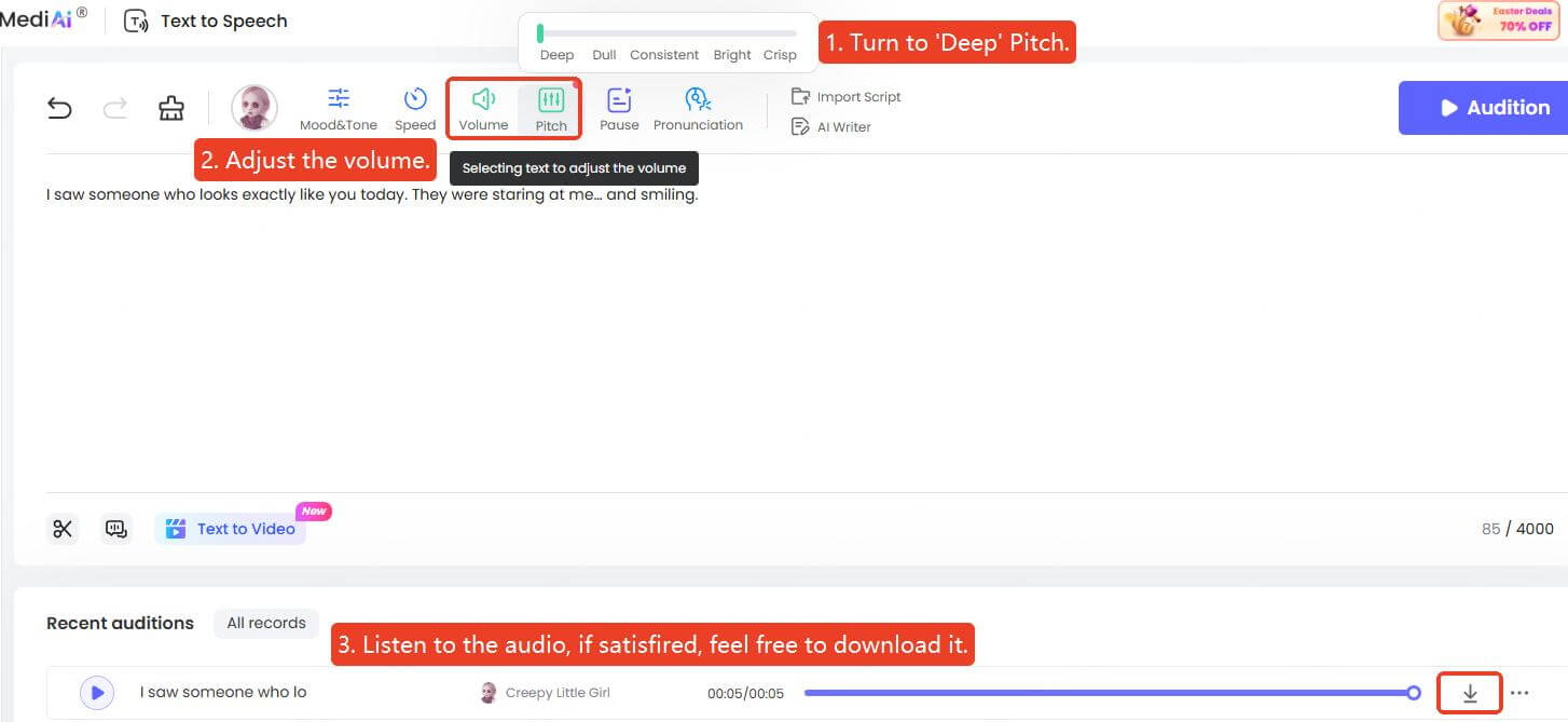 topmediai scary voice adjusting interface