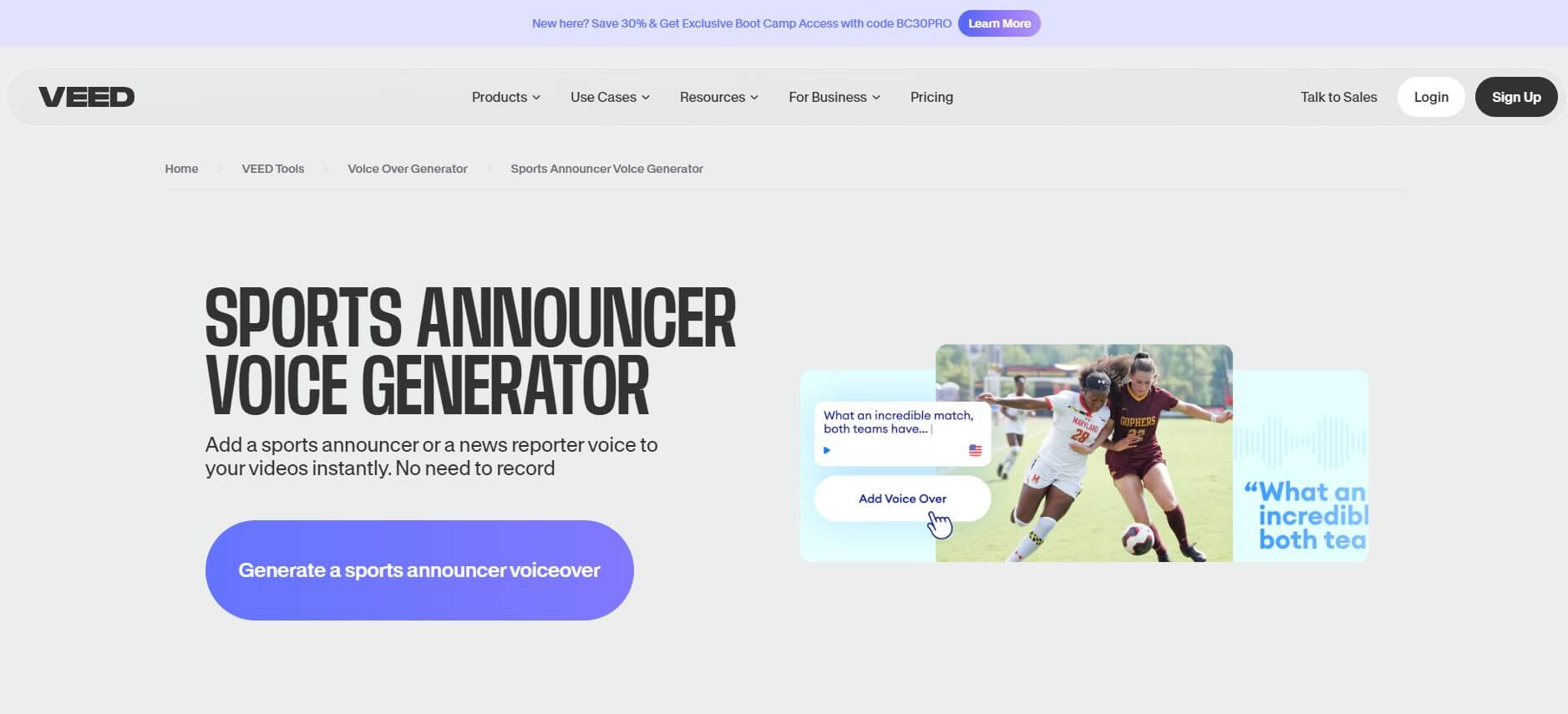 veed.io sports announcer voice generator