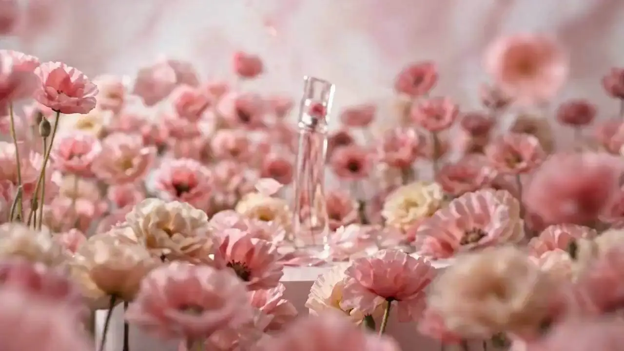 A luxury perfume commercial: opens with a serene brunette woman holding a pink glass bottle near her neck against a soft rose backdrop — cuts to extreme macro of the bottle, light refracting through the glass — slow-motion mist spray dispersing in golden backlight — closes with the woman smiling, lifting the bottle gracefully toward camera. Consistent warm blush-pink palette, soft diffused lighting, elegant and sensorial mood throughout. High-end beauty campaign aesthetic.
