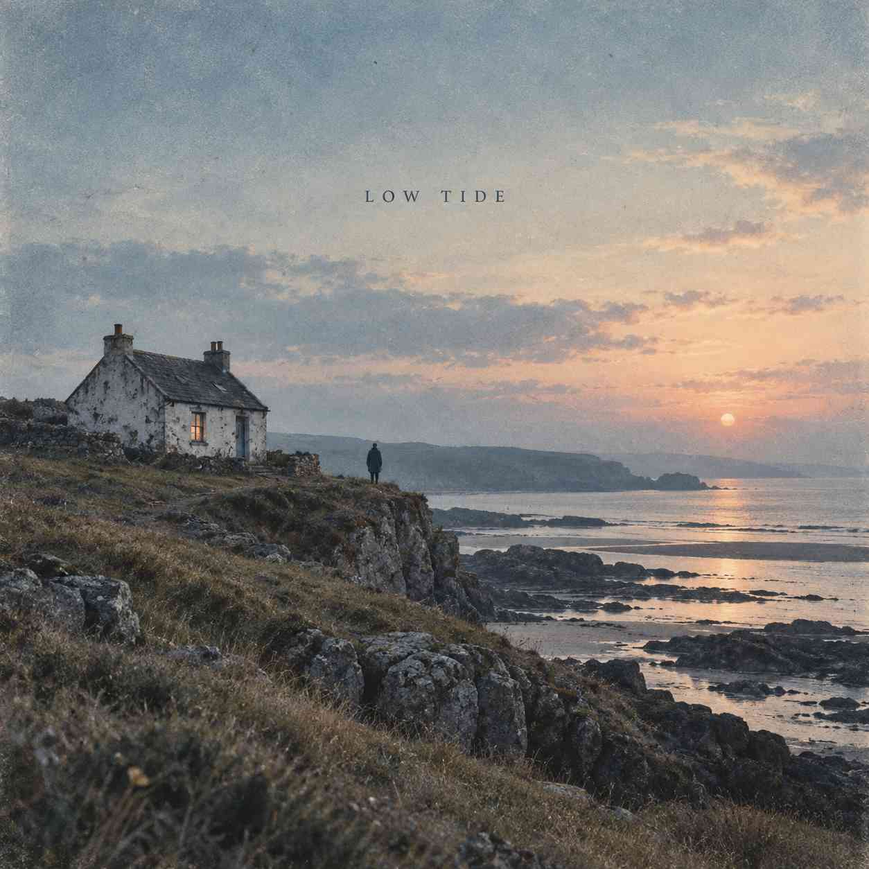 indie album cover with coastal house