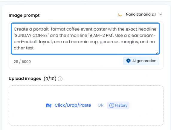 Enter a text prompt in the Nano Banana 2.1 image generator