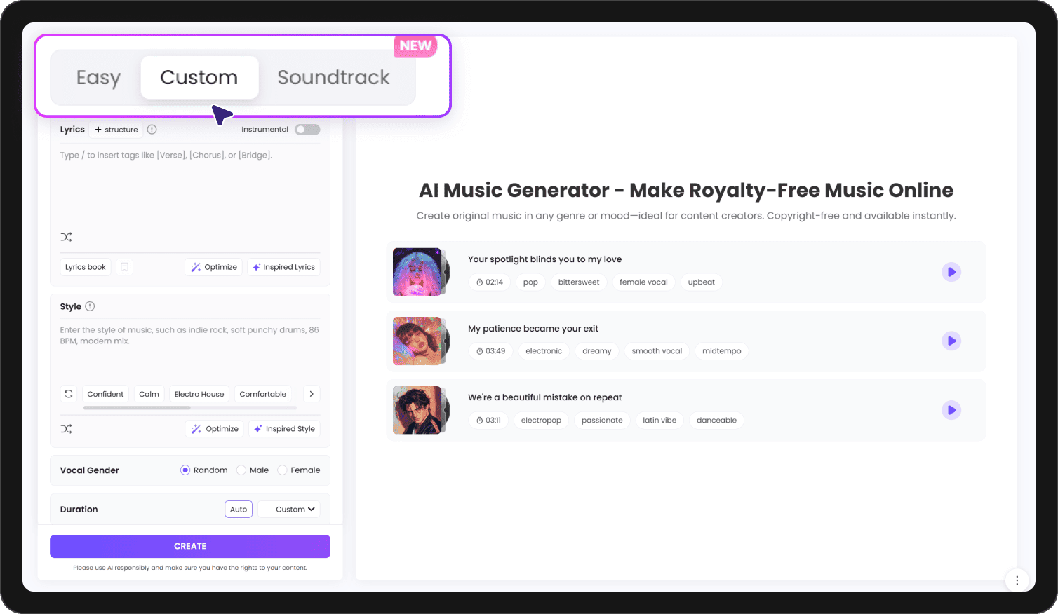 Select a generation mode in AI song generator