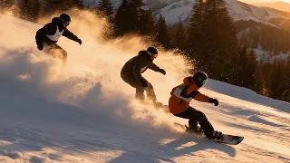 Three skiers racing down a snowy mountain slope at golden hour, the lead skier in a bright orange jacket smiling and waving at the camera, snow powder spraying dramatically, warm sunlight backlighting the scene, GoPro-style dynamic tracking shot, ultra-realistic, 4K cinematic