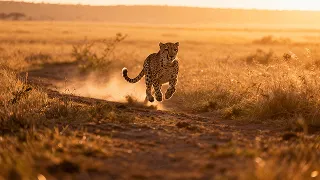 Cinematic shot of a powerful cheetah running through the African savanna at golden hour, sunlight piercing through the dusty haze, tall dry grass blurring in the background, low-angle camera tracking alongside the cheetah, dramatic motion blur, National Geographic style