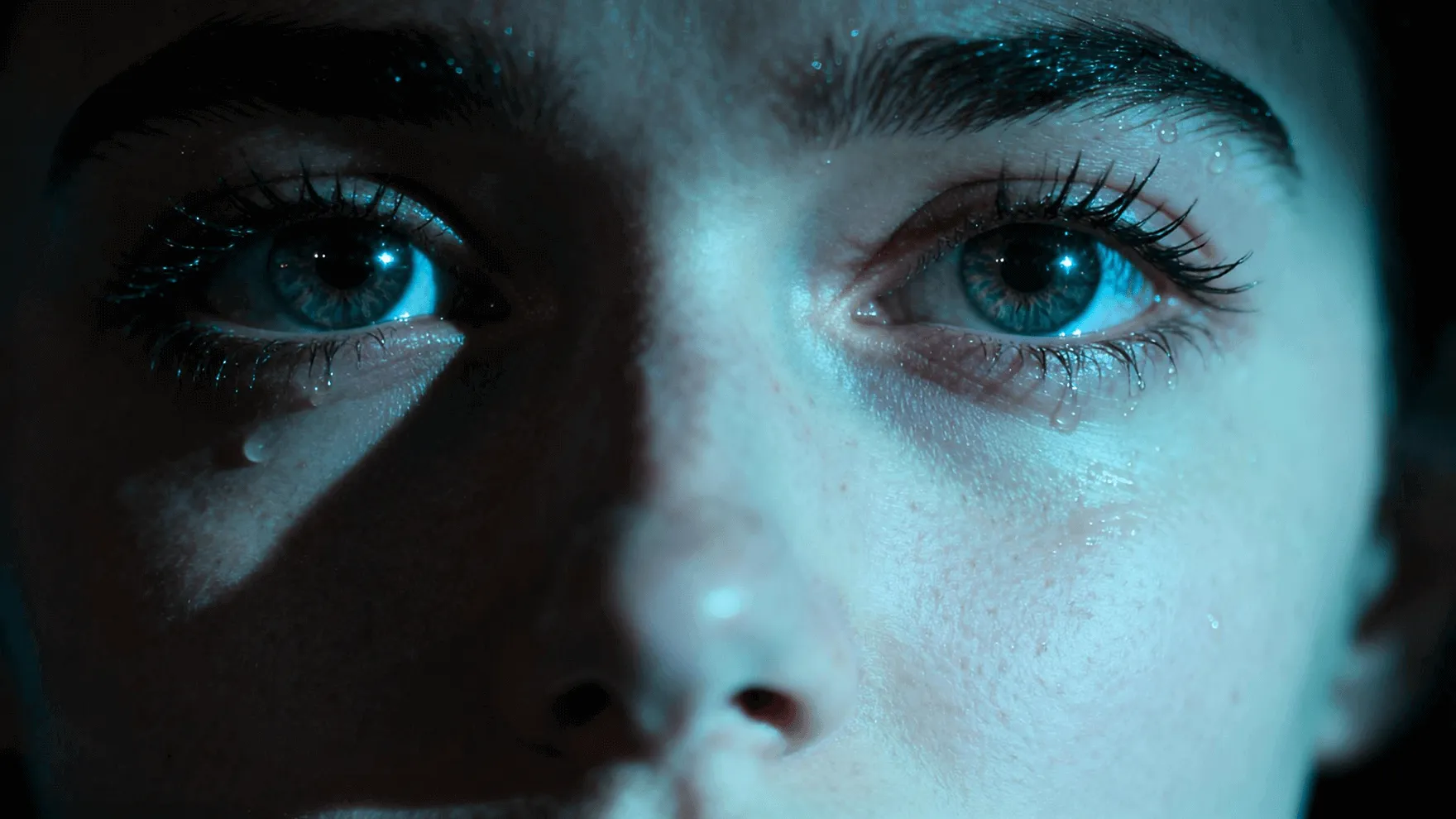 An ultra-realistic facial close-up of a young, beautiful woman, with her eyes dominating the center of the frame. Her eyelashes are wet, and tiny droplets cling to her skin, revealing highly detailed skin texture. Strong reflections appear in her eyes, forming complex and delicate highlight patterns. A faint cold light illuminates her face, while the background remains dark and blurred, creating a tense and dramatic atmosphere. The overall look is cinematic, with HDR high contrast, ultra-sharp 8K realism, and an emotional tone of tension, focus, and subtle unease.As the camera pulls back to reveal her full body, the young woman turns her head to the side. She has long brown hair and wears a dark coat, standing in a dim indoor environment, possibly an abandoned warehouse. Blurred industrial equipment and pipes fill the background, while a faint cold light shines from the side, enhancing the suspenseful and atmospheric mood.