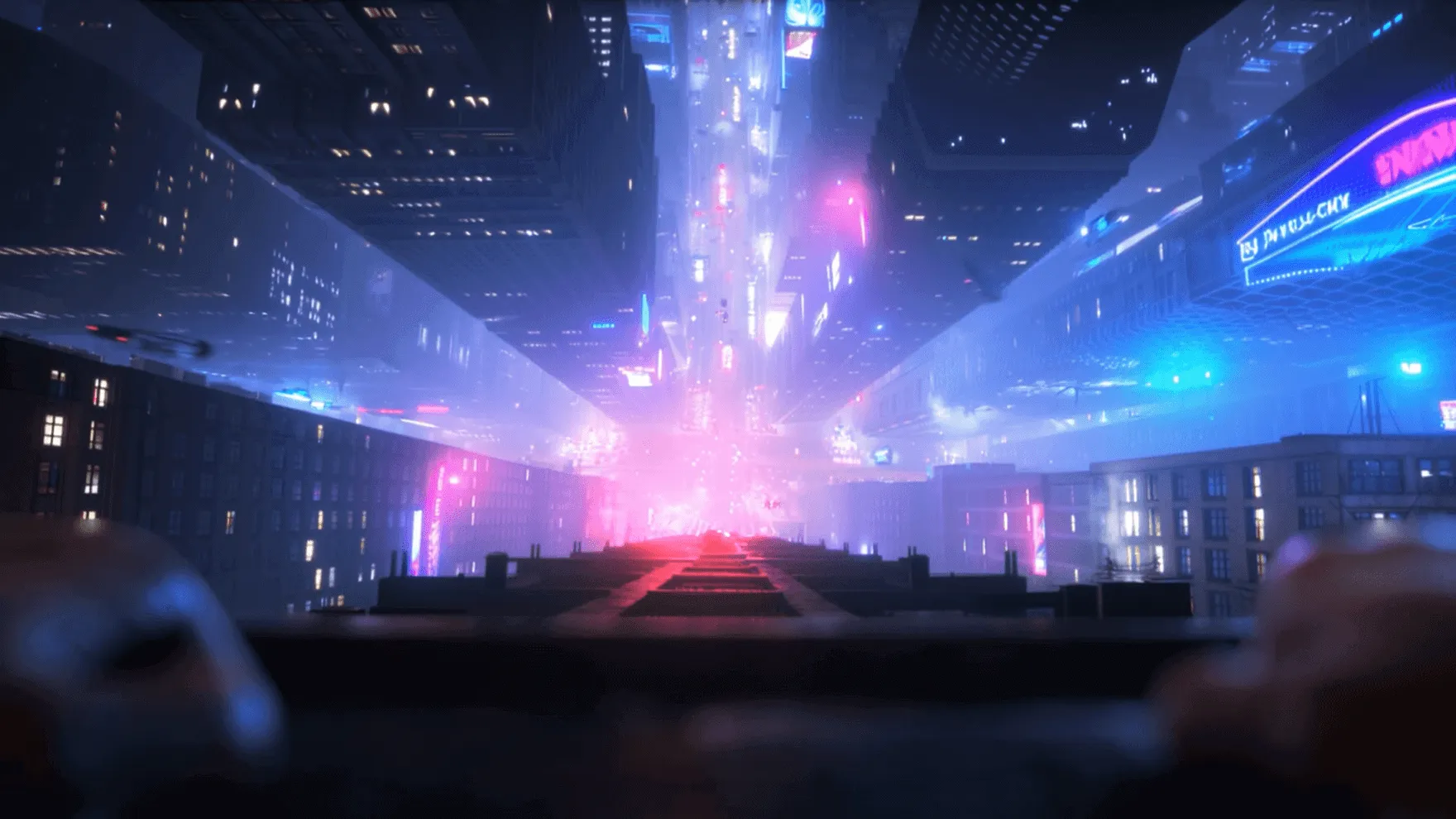 first-person POV standing on the edge of a towering cyberpunk skyscraper at night, looking straight down into a massive neon city canyon. the streets below glow with holograms, floating ads, pink-blue-purple neon lights, hovering cars, drones, and drifting fog illuminated by signage.the camera slightly shakes, showing the character’s hands at the bottom of the frame, height creating a strong sense of vertigo.suddenly the character jumps forward, and the camera enters a rapid freefall, wind rushing past, neon lights stretching into streaks, thousands of windows and signs sliding upward as the narrator plunges downward.cinematic lighting, high contrast neon glow, motion blur, dynamic falling movement, immersive IMAX-style shot, futuristic cyberpunk atmosphere, intense and dramatic.
                                        